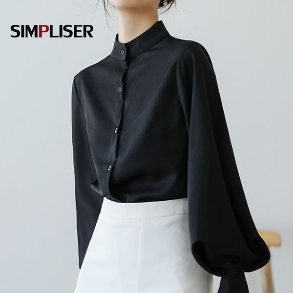 

women's blouses & shirts women lantern sleeve stand collar female office work wear black white blue khaki ladies clothes 2021 spring