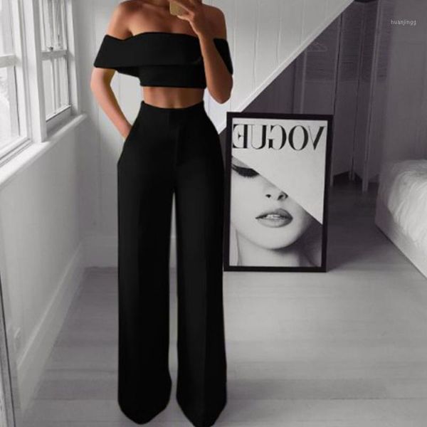 

two-piece set off shoulder crop casual model show pants women high street backless long fashion trousers female pants1, Black;white