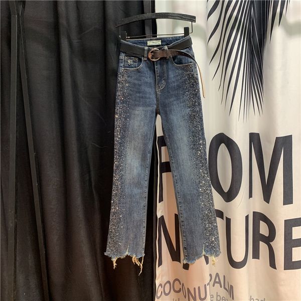 

2020 winter new women's high waist slimming all-match drilling burr straight-leg pants girls lady jeans student jean, Blue