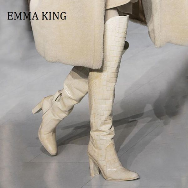 

2020 crocodile pattern over the knee boots pointy toe zipper chunky heel autumn winter long boots party shoes woman, Black