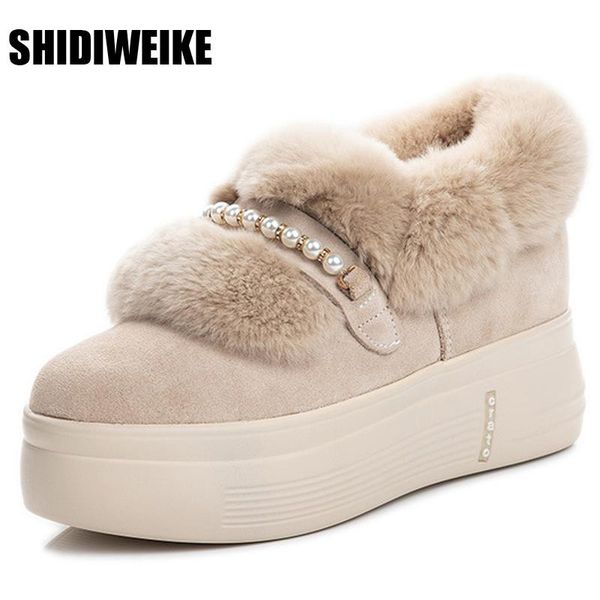 

женщины осень зима мех кроссовки плоский каблук скольжения на круглый toe комфорт платформа квартиры снегоступы противоскользящие теплые бот, Black