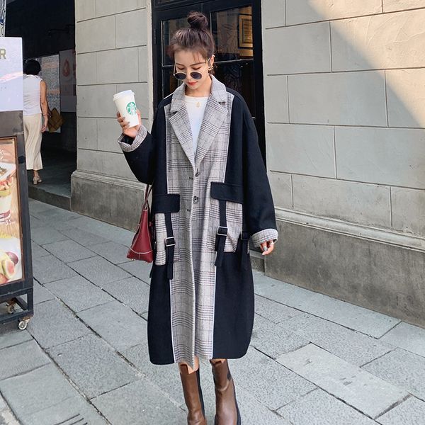 

new 2020 female autumn winter black suit stitching oversized woolen coat loose casual thickened warm women jacket a93x1020