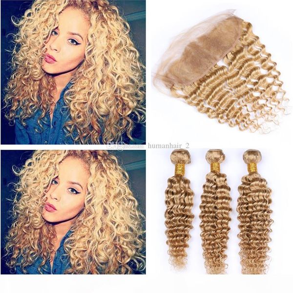 

honey blonde завитые бразильский связки волос с фронтальным закрытие цвет # 27 светло-коричневый светлый глубокая волна завитые человеческих, Black;brown