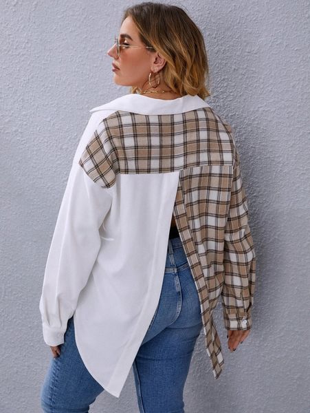 

plus plaid spliced split back blouse h54a#, Black