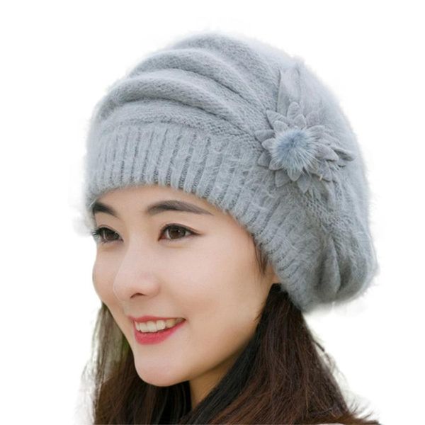 

berets fashion womens knitted wool solid color beret soft thick thermal female flower knit crochet beanie hat winter warm cap, Blue;gray