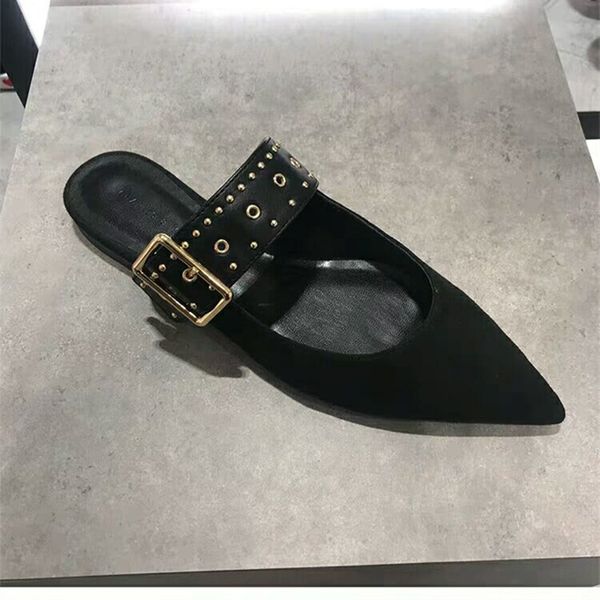

2021 new lack of metal rivet pointed-toe toe shoes feminine smooth semi-slipper moccasins xby1, Black