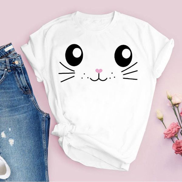 

женщины print 90s животное лицо мультфильм повседневная короткие рукав летние леди топы футболка рубашка женская одежда тренов женская футбо, White
