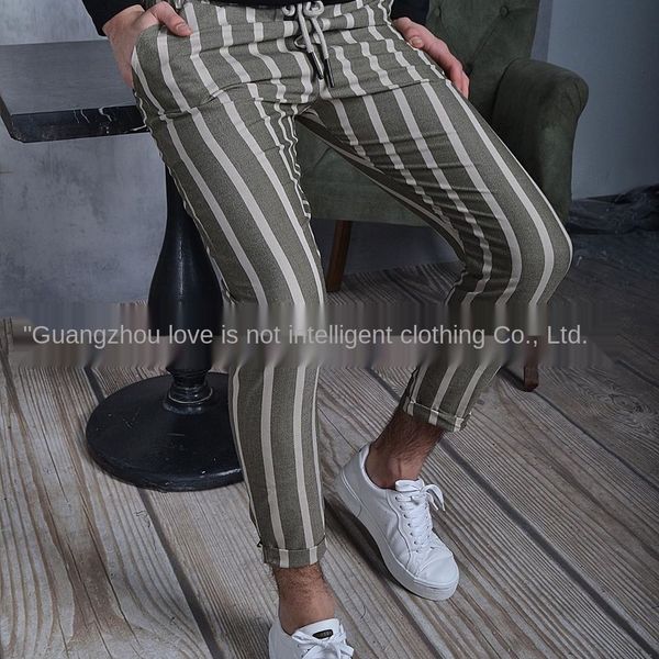 

nufom autumn winter new men's waist rope ahek7 band trousers pants band trousers striped ankle-length rubber men's pants d03 rubbe, Blue
