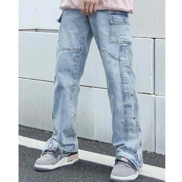

men's jeans fashion hiphop streetwear designer men breasted wide-leg, Blue