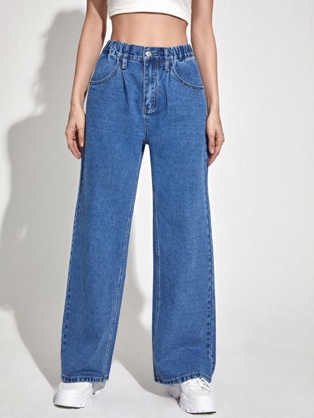 

elastic waist wide leg jeans z46k#, Blue