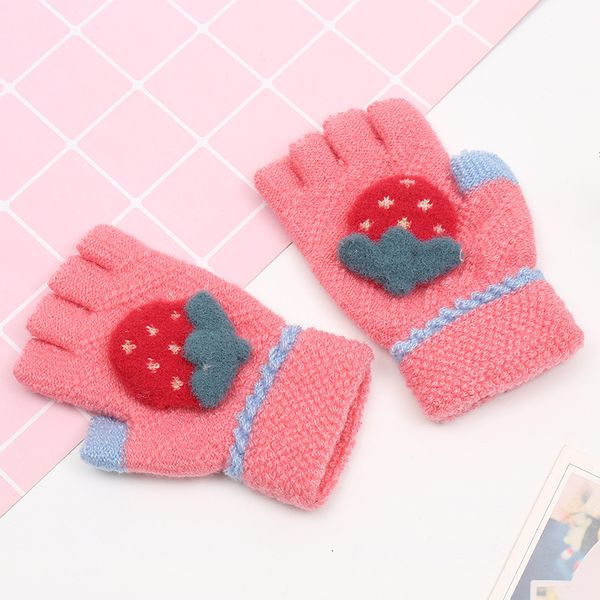 

new popular children's half finger warm mixed color strawberry pattern men's and women's travel gloves, Blue;gray