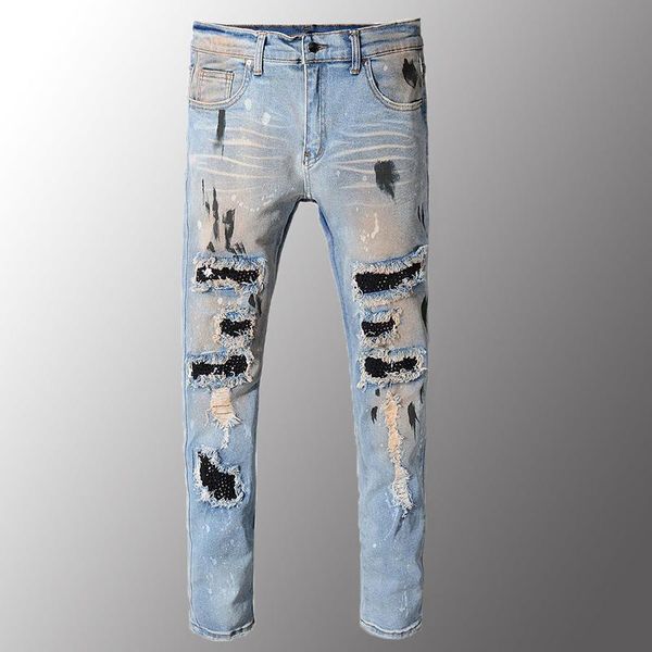

men's jeans classic mens vintage holes rivet patch slim skinny ripped casual trendy painted distressed denim beggar pants, Blue