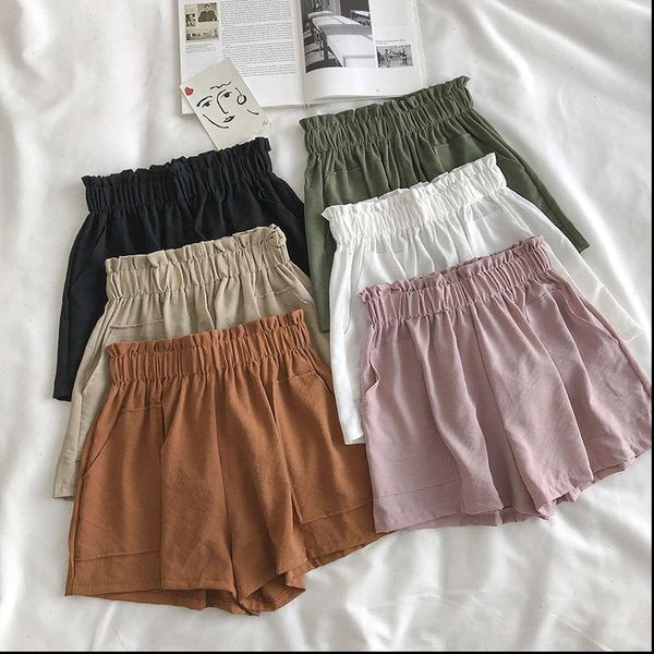 

casual wild solid color shorts student female shorts summer 2021 new korean large pocket elastic high waist shorts women, White;black