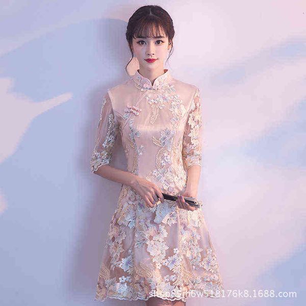 

casual dresses improved girl's daily self-cultivation literary embroidery cheongsam dresses student short champagne, Black;gray