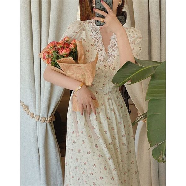 

2021 new lace puff sleeve midi summer floral women casual bohemian korean one-piece female wedding party dress rwla, Black;gray