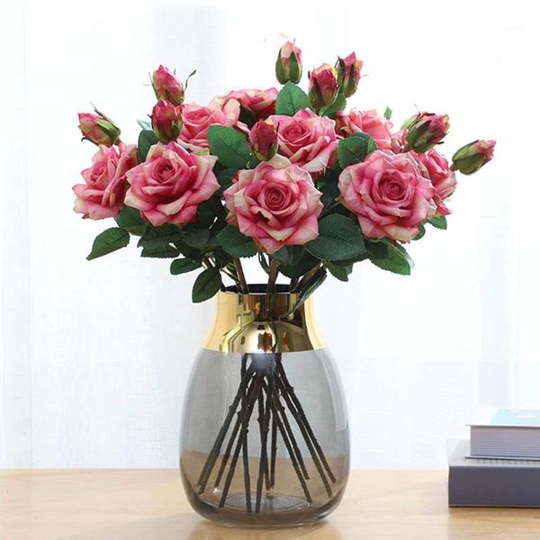 

1pc 2-head artificial rose flower bouquet silk floral decor home office simulation flower fake plant1