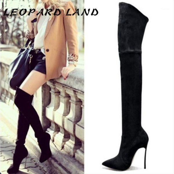 

leopard land 2020 women fashion knee high boots women 11cm heel thin legs thigh tips point toe party boots wbl-2261, Black