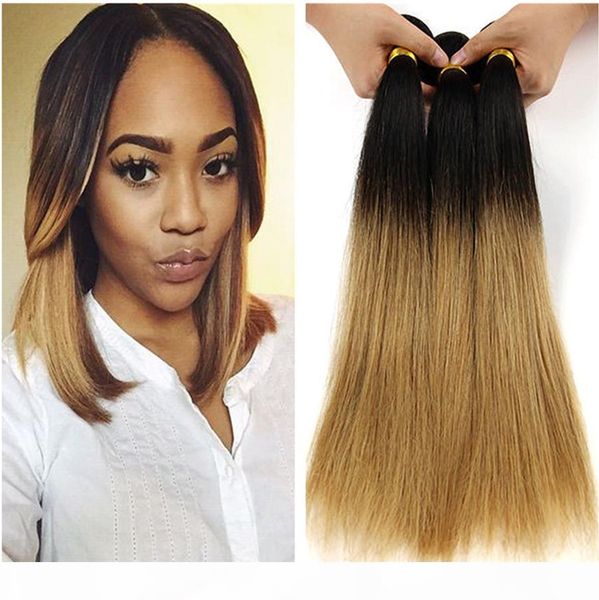 

dark root 1b 27 honey blonde ombre hair bundles two tone silk straight brazilian human virgin hair extensions 3pcs lot, Black;brown