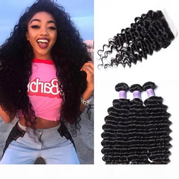 

tkwig hair series malaysian quality 3 pcs deep wave hair with lace closure human hair two tone for black woman, Black;brown
