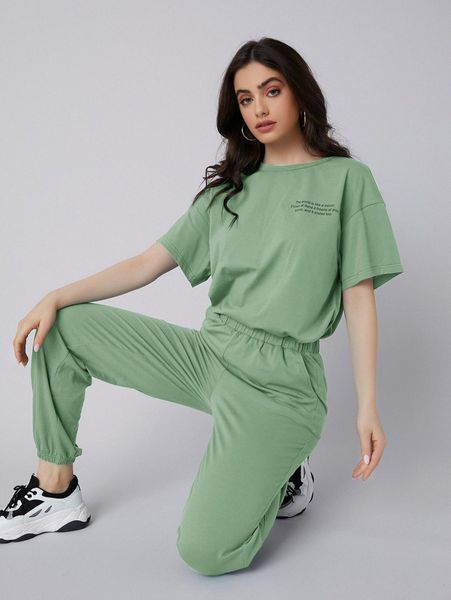 

drop shoulder slogan graphic tee & joggers set t9el#, White