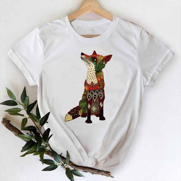 

t shirts women 2021 fox animal spring floral flower cartoon clothes printing graphic tshirt lady print female tee t shirt, White