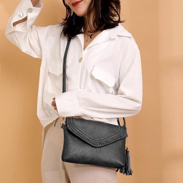 

vintage women solid color tassel flap shoulder messenger handbags pu leather satchel casual envelope crossbody bags