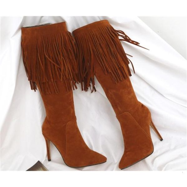 

2021 suede women's boots in winter new style fine heel pointed end warm non-slip up05, Black