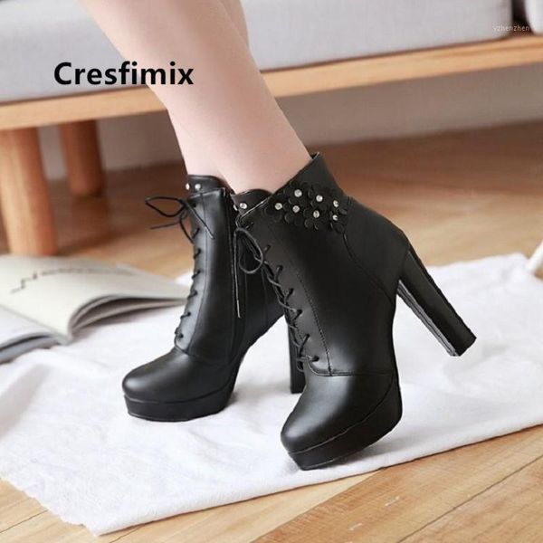 Botas Cresfimix Mulher Moda Black confortável outono PU Couro alto Lady Lady Cool Winter Winter Pink fofo B60601