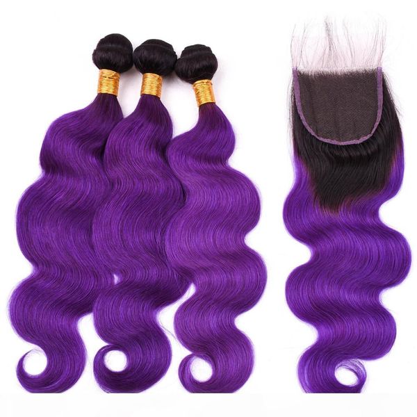 

#1b purple ombre malaysian human hair bundles with closure body wave ombre purple weave bundles 3pcs with 4x4 lace closure 4pcs lot, Black;brown