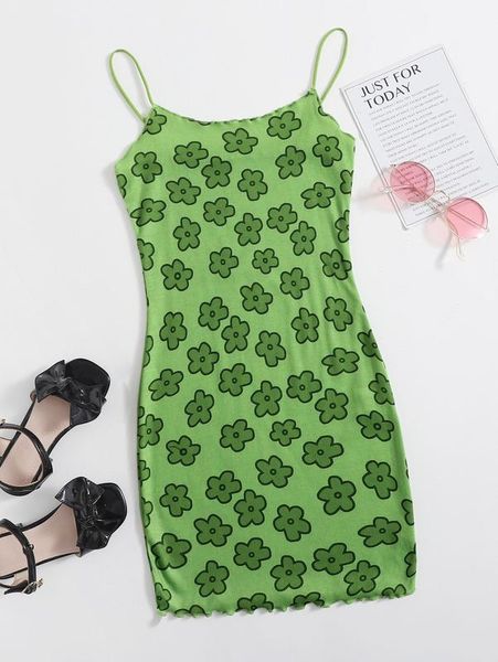 

girls allover floral print lettuce trim dress she, Red;yellow