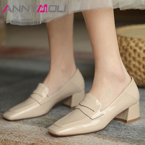 

annymoli square toe med heels women shoes patent leather block heel pumps slip on ladies dress footwear spring apricot beige 391, Black