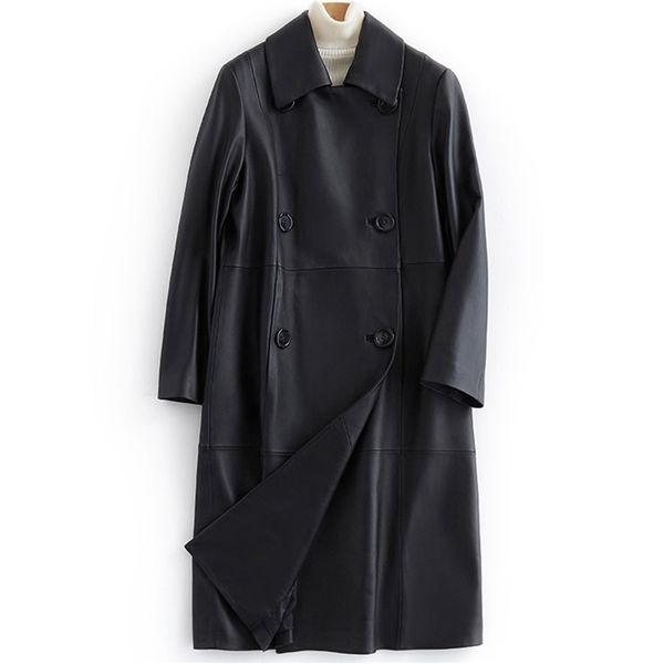 Lautaro Schwarzer langer Leder-Trenchcoat für Damen, zweireihig, Umlegekragen, Oberbekleidung in Übergröße, Kunstlederjacken für Damen, LJ201012