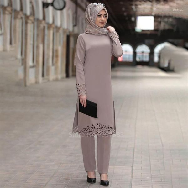 

2pcs muslim abaya dress islamic turkish dubai woman solid long sleeve kaftan lady elegant lace middle east clothing set1, Red