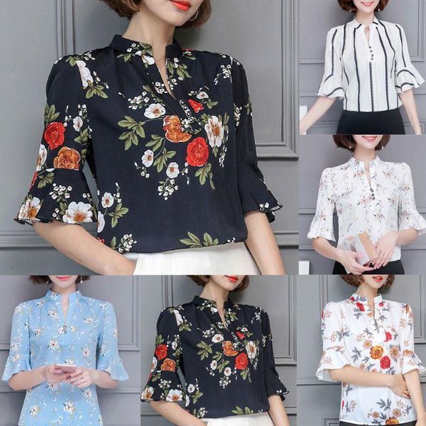 

women fashion floral print blouse short sleeve plus size shirt blouse summer vocation camisa de gasa de las mujeres#d4, White