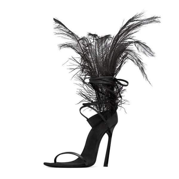 

black feather sandals for women ostrich hair decor thin high heels dance shoes ladies fur sandals party zapatos de mujer