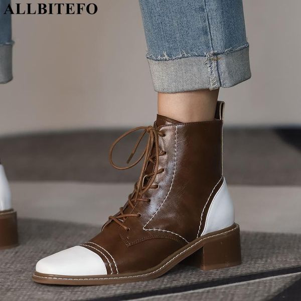 

boots allbitefo mixed colors natural genuine leather women lace-up fashion leisure winter autumn motocycle ankle, Black