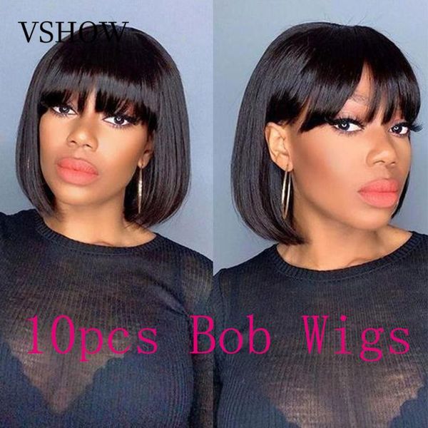

lace wigs vshow straight short bob wig13x4 pre plucked baby hair for women remy full machine made wigshuman, Black;brown