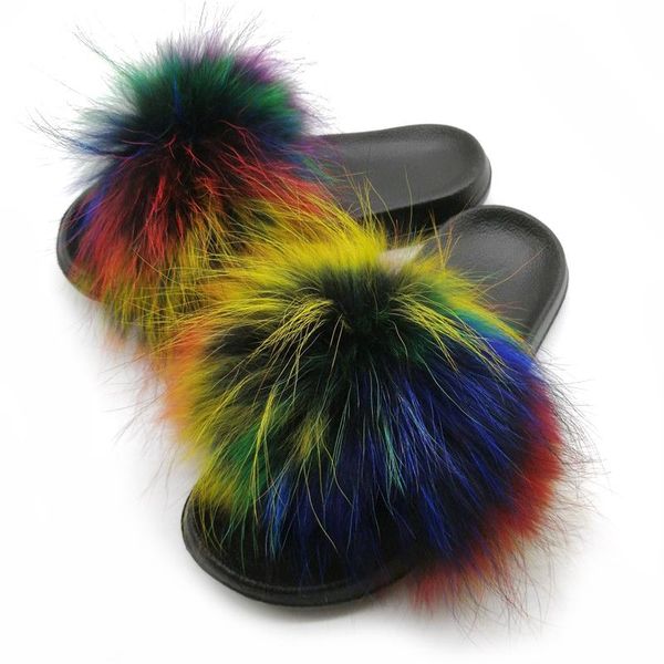 

slippers party fur women real slides plush flat sandals cute girl fuzzy shoes warm home flip flops furry, Black