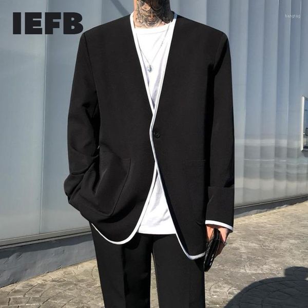 

iefb men's wear 2021 spring fashion new suit male loose large size v collar single button blazers korean coat with pockets 9y871, White;black