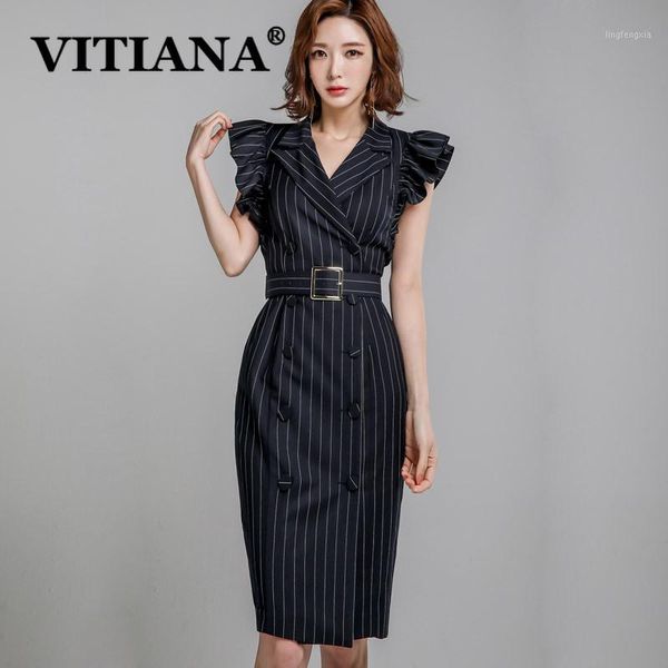 

vitiana women black striped office midi dress for women summer 2020 female ruffles sleeve slim dresses femme elegant vestidos1, Black;gray