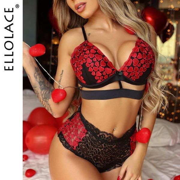 

ellolace women's underwear set love embroidery push up bralette bandage hight waist panties underwear female lingerie set1, Red;black