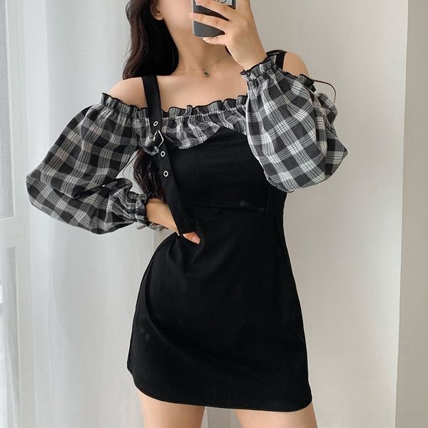 

yrgv4 2020 плеча осени plaid типа сплайсинга платье рукава адрес сексуальные одна линии женщины и aqxqf ремешок длиной hip wrap-линия юбка п, Black;gray