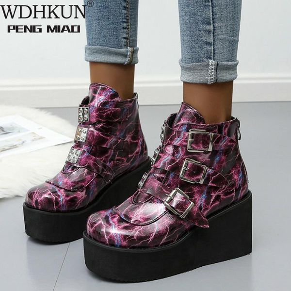 

2020 new fashion winter metal buckle ankel boots women punk female platform boots wedges high heels pu women botas mujer, Black