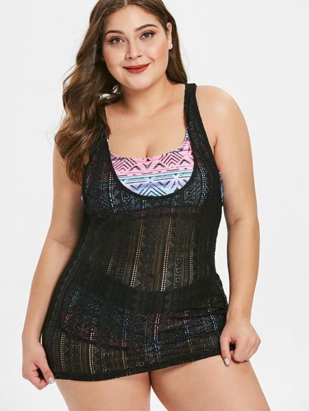 

wipalo women plus size abstract pattern swim set with cover up three pieces casual summer beach wear scoop neck print swim suit1, White