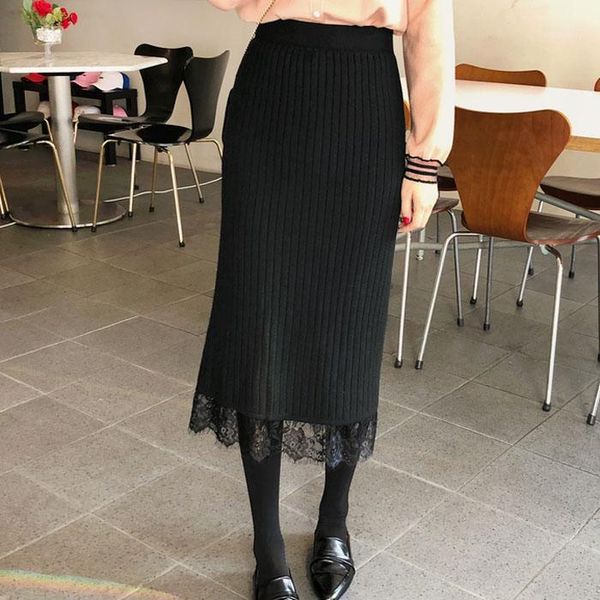 

knit skirt high waist pencil elastic split laces solid office lady black grey simple winter autumn female skirts a81