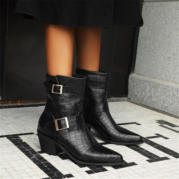 

boots pxelena drop buckle western cowoby ankle women back zip punk rock gothic motorcycle biker combat lady shoes, Black