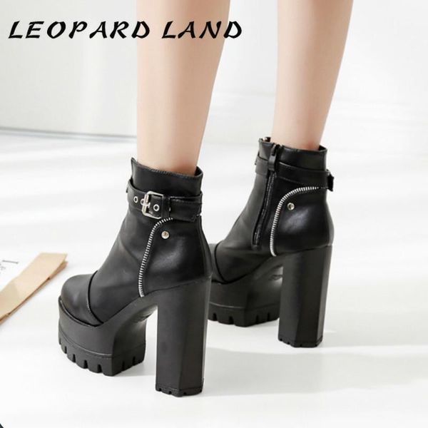 

boots leopard land women's boot autumn winter platform ankle mid calf shoes thick heel waterproof short -680-11, Black