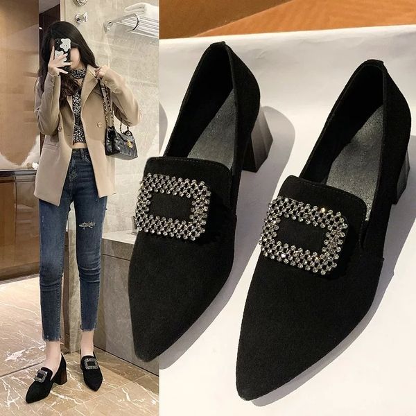

2021 spring women dress shoes flock high heels boat shoes pointed toe crystal pumps chunky heel ladies zapatos mujer 8932n #ss86, Black