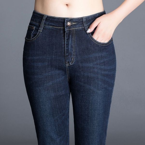 Для женщин высокая талия мыть джинсовые джинсовые брюки плюс размер растягивающие жирные мамы женские карманные эластичные прямые джинсы 201106