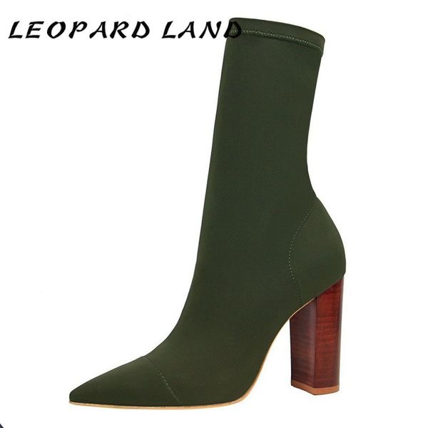 

leopard land новый зимы женщин сапоги на высоком каблуке остроконечные упругой женщин сапоги мода теплый calf женские ботильоны ds-3129-3, Black